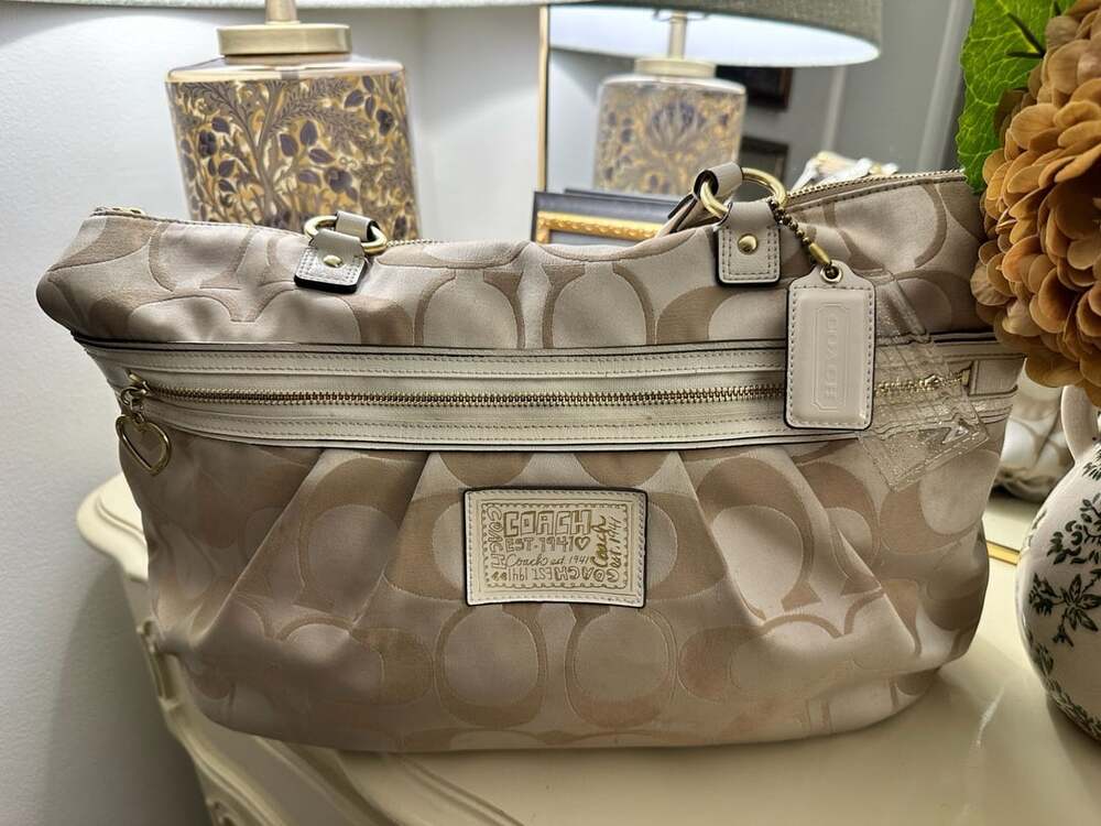 Coach Poppy Signature Satin Canvas Shoulder Bag Beige
